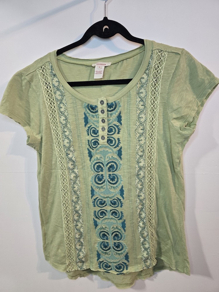 Sundance Embroidered Top Green Short Sleeve Boho Festival Spring Floral M