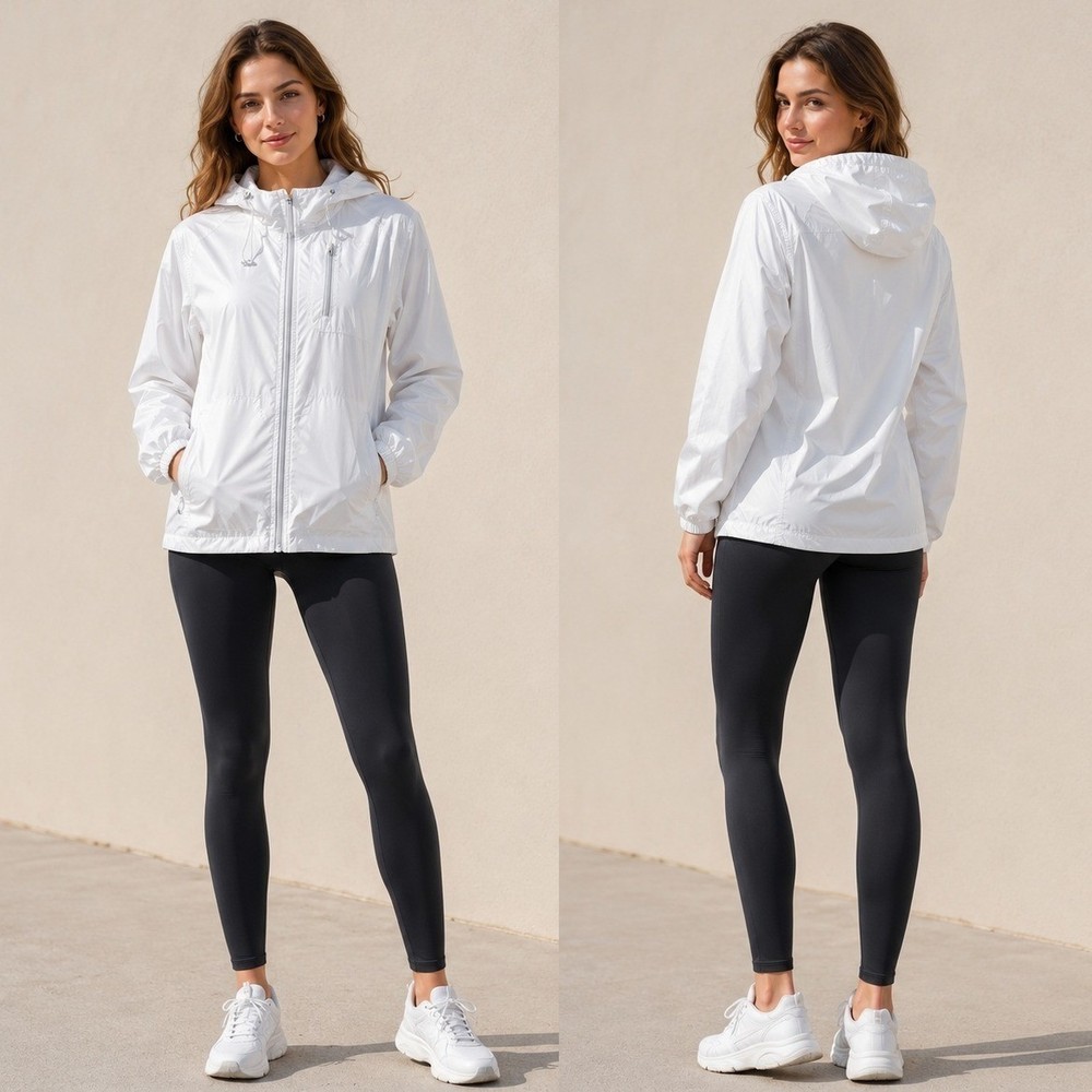 Danskin Now Womens White Hooded Windbreaker Jacket Full Zip Textured Size L