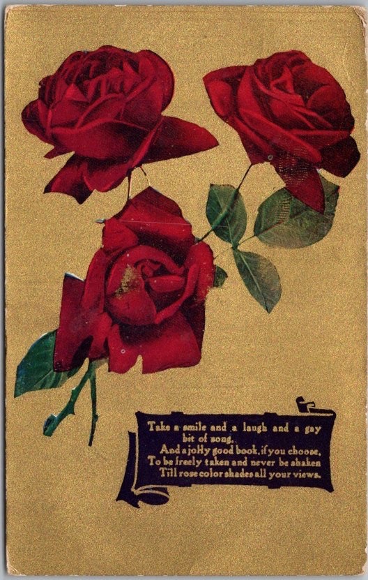 Vintage Language of Flowers / Romance Postcard RED ROSES / Poem - 1909 Cancel