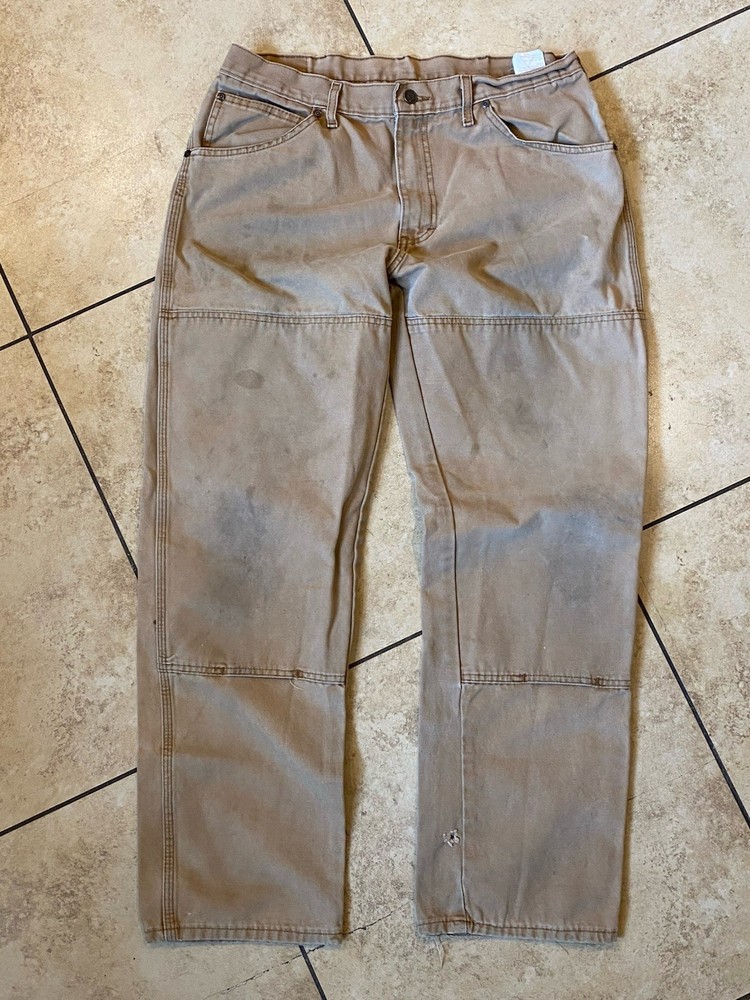 Vintage Dickies Double Knee Carpenter Work Pants Tan 34x32 Heavy Duty Canvas