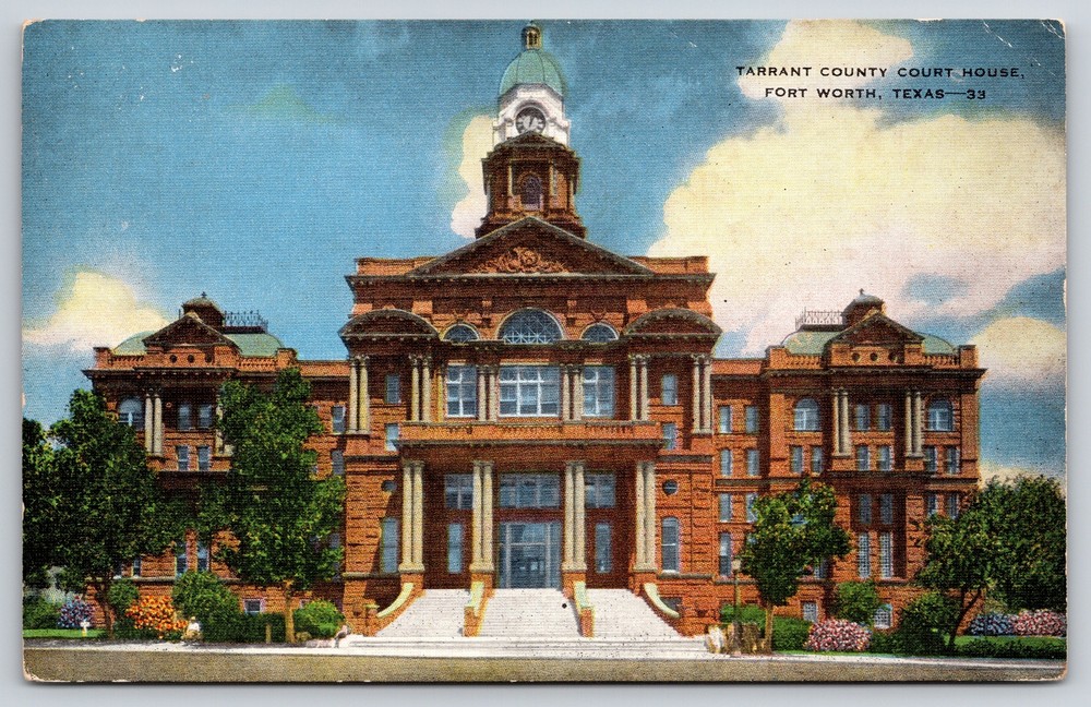 Fort Worth Texas~Tarrant County Court House~Clock Tower~Vintage Linen Postcard