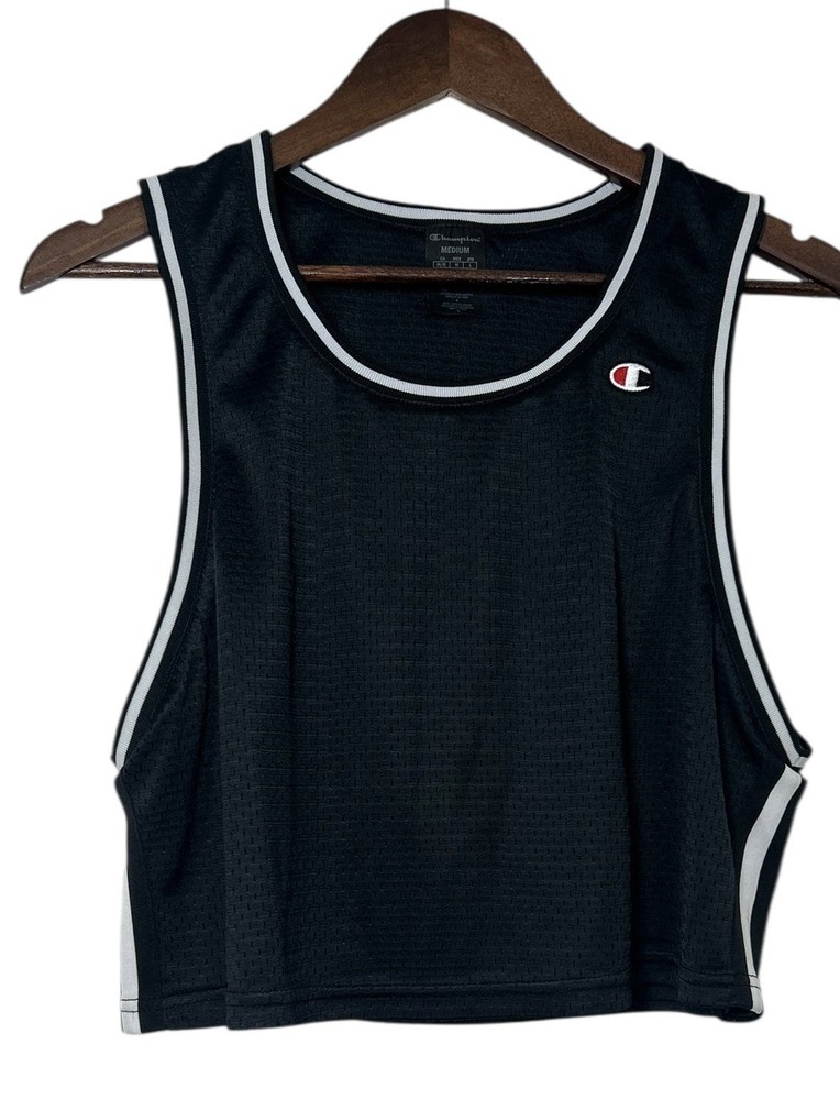Champion Women’s Medium Black Mesh Cropped Tank Top Sleeveless Jersey Lined