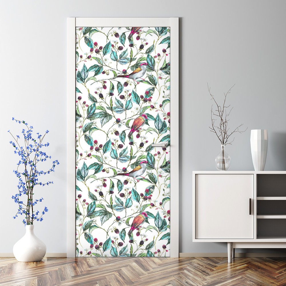 Birds On Branch Bubble Free Door sticker Vintage Birds Self Adhesive Watercolour
