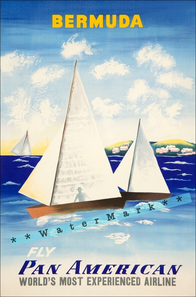 Pan Am 1960 Bermuda Vintage Air Travel Poster Retro Sailing Wall Art Mid-Century