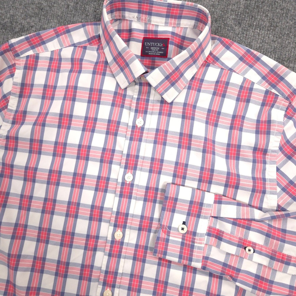 UNTUCKit Shirt Mens M Red Blue Plaid Performance Slim Fit Long Sleeve Button Up