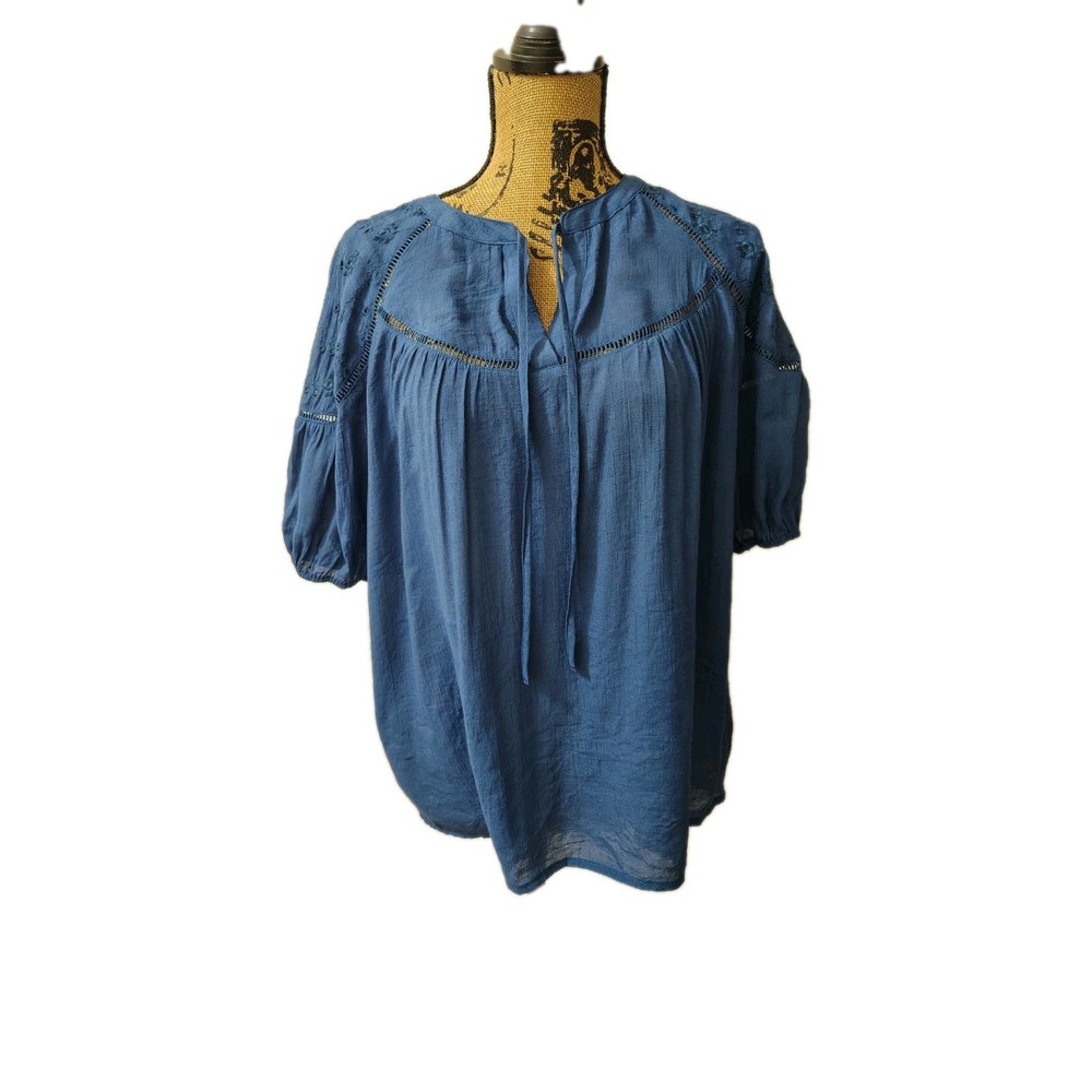 Como Vintage Embroidered Short Sleeve Tie Front Lightweight Blouse M Blue