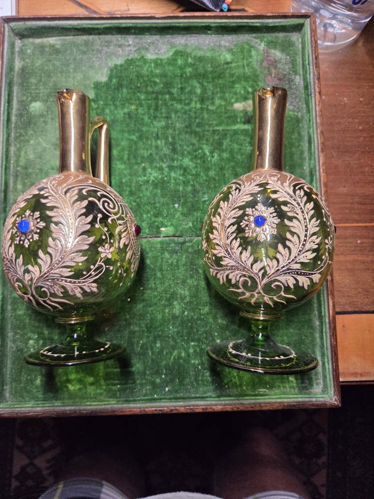 Antique Moser Bohemian Green and Gilt Glass Decanter, Cruets Jewels