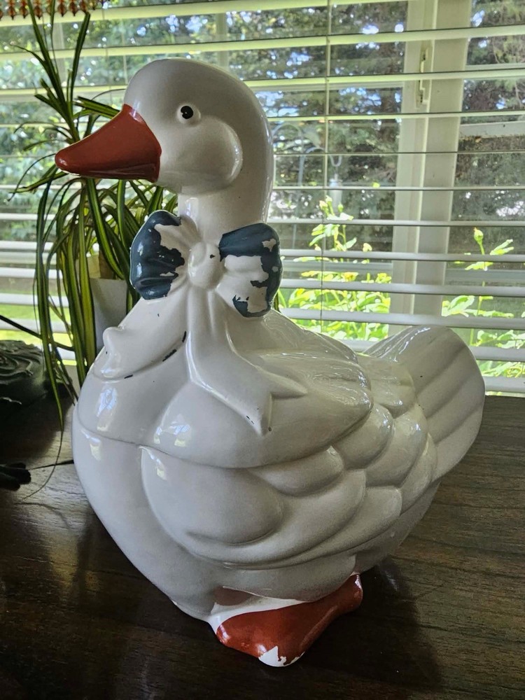Vintage Country Goose Cookie Jar Blue Bow