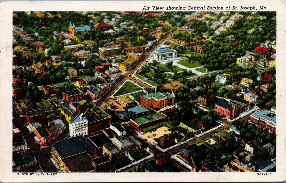 1946 St. Joseph MO Air View Central Section City Hall Linen Postcard