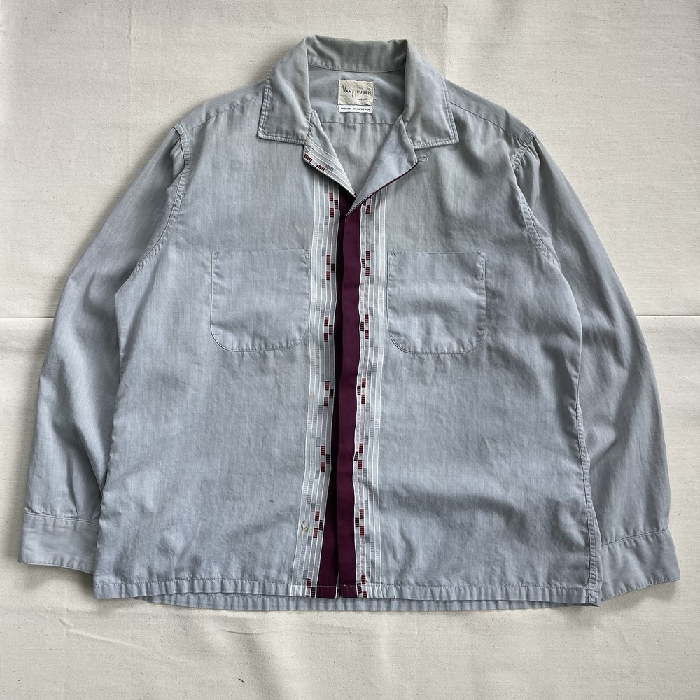 Vintage 50s 60s Van Heusen Cotton Atomic Gray Loop Collar Rockabilly Shirt Large