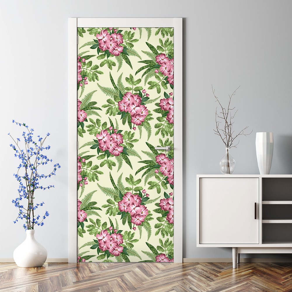 Bubble Free Door sticker Tropical Pink Flowers Decal Self adhesive Floral