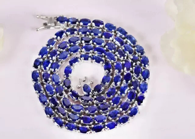 20ct Oval Lab Created Blue Sapphire Womens Tennis Necklace 14KWh Gold Plated 18