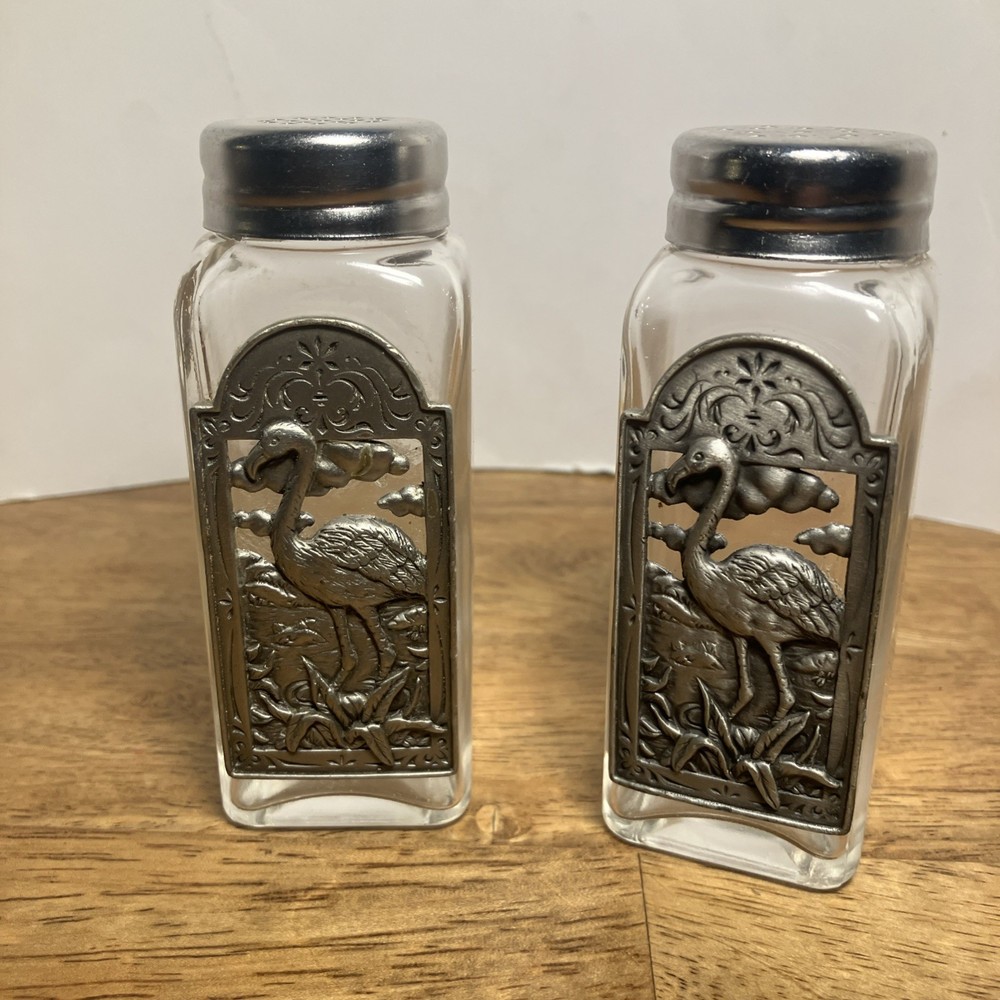 Pewter Glass Flimingo  Salt & Pepper Shakers Set