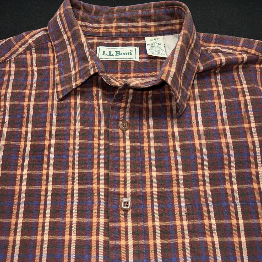 L .L. Bean Button Up Long Sleeve Pocket Flannel Men L Tall Maroon Blue Plaid