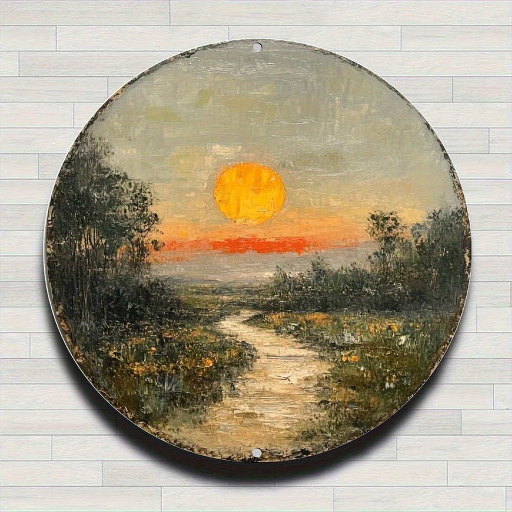 Vintage Farmhouse Sunset Landscape Round Aluminum Wall Art