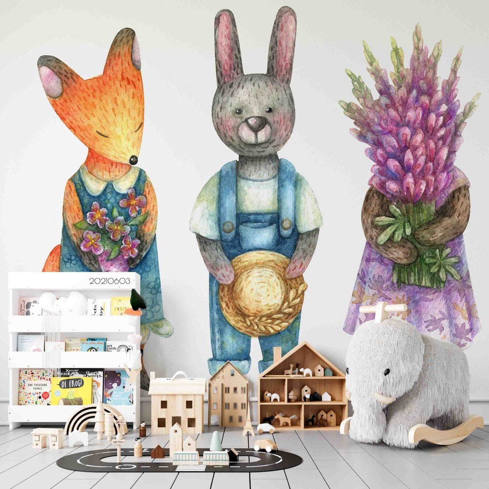 3D Rabbit Fox Animal Watercolor Wall Murals Wallpaper Murals Wall Sticker
