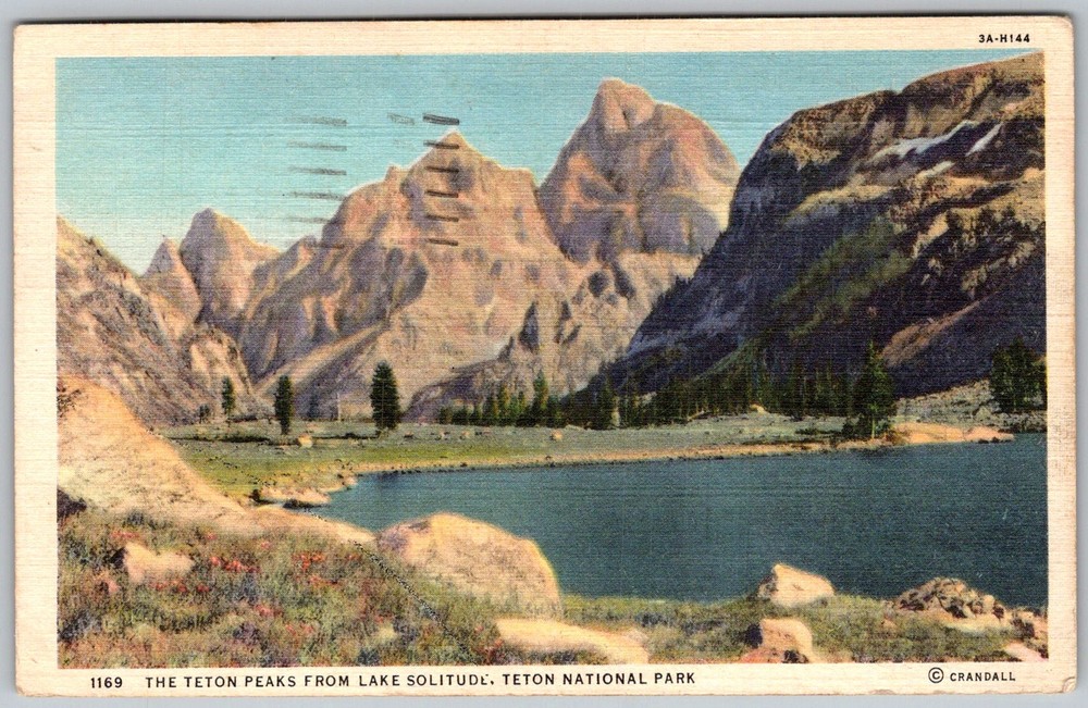 Vtg Linen Postcard Teton Peaks Panorama Teton National Park, WY 1940s