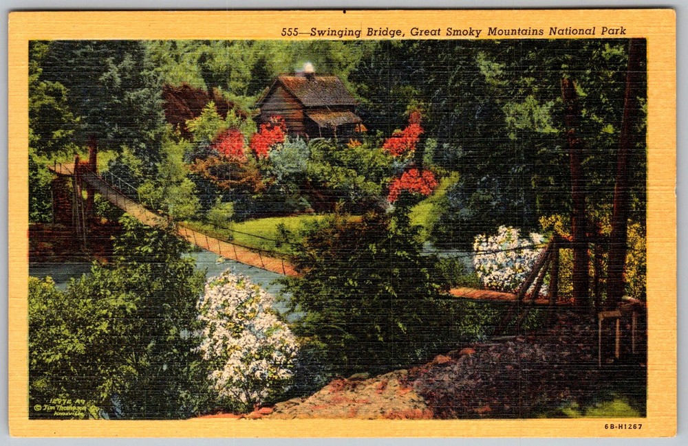 Vtg Linen Postcard Swinging Bridge River Crossing Gatlinburg, TN 1950s
