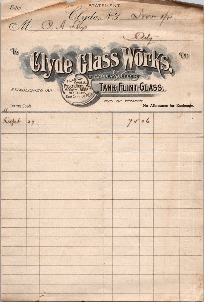 1914 Clyde Glass Works Statement Billhead Clyde NY Flint Bottles Ephemera