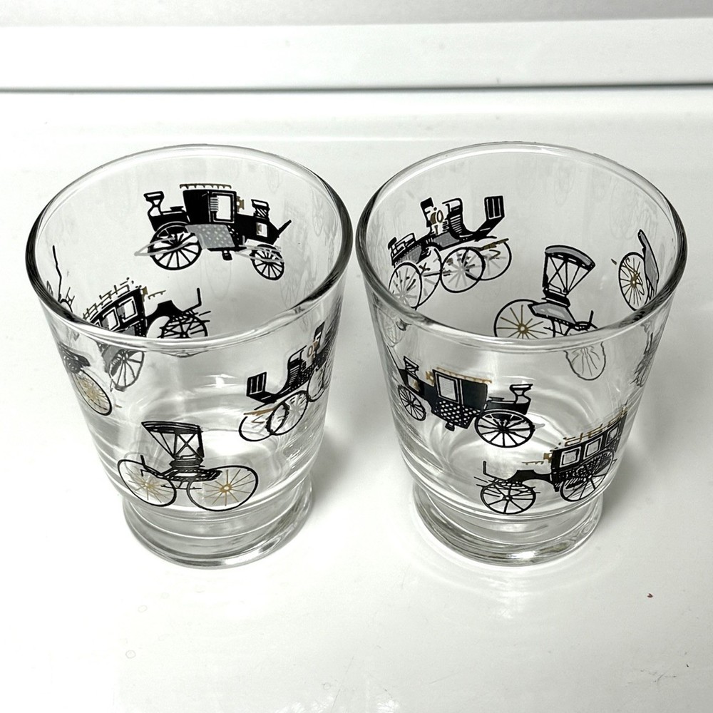 2 VTG Libbey Curio Horseless Buggy Carriage Drinking Glass Set MCM Black Gold 4”