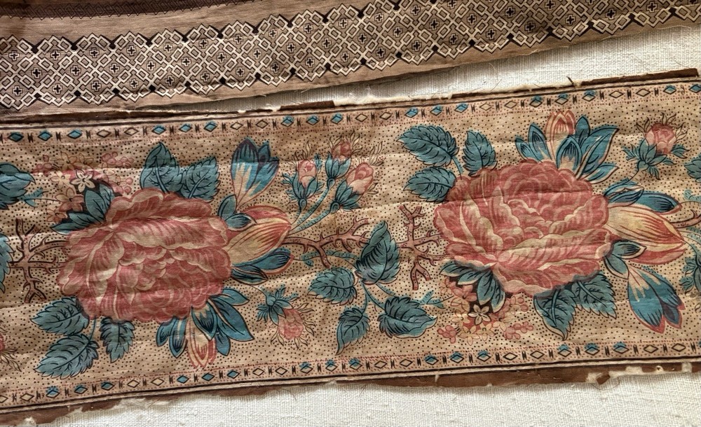 Antique Early 1800s Coral Roses Floral Chintz Cotton Fabric Border As Is
