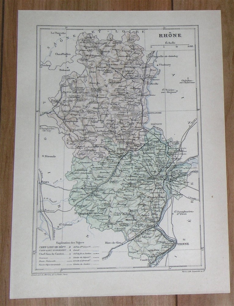 1887 Original Antique Map Of Department Of Rhone Lyon / France