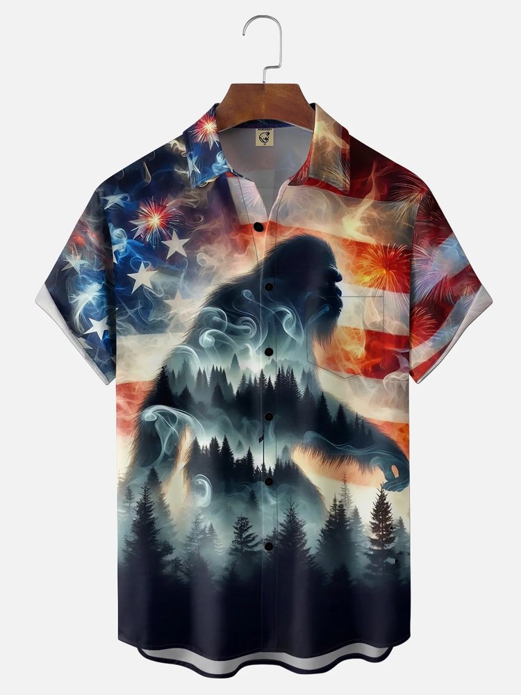 American Flag Bigfoot Chest Pocke Holiday Hawaiian Shirt