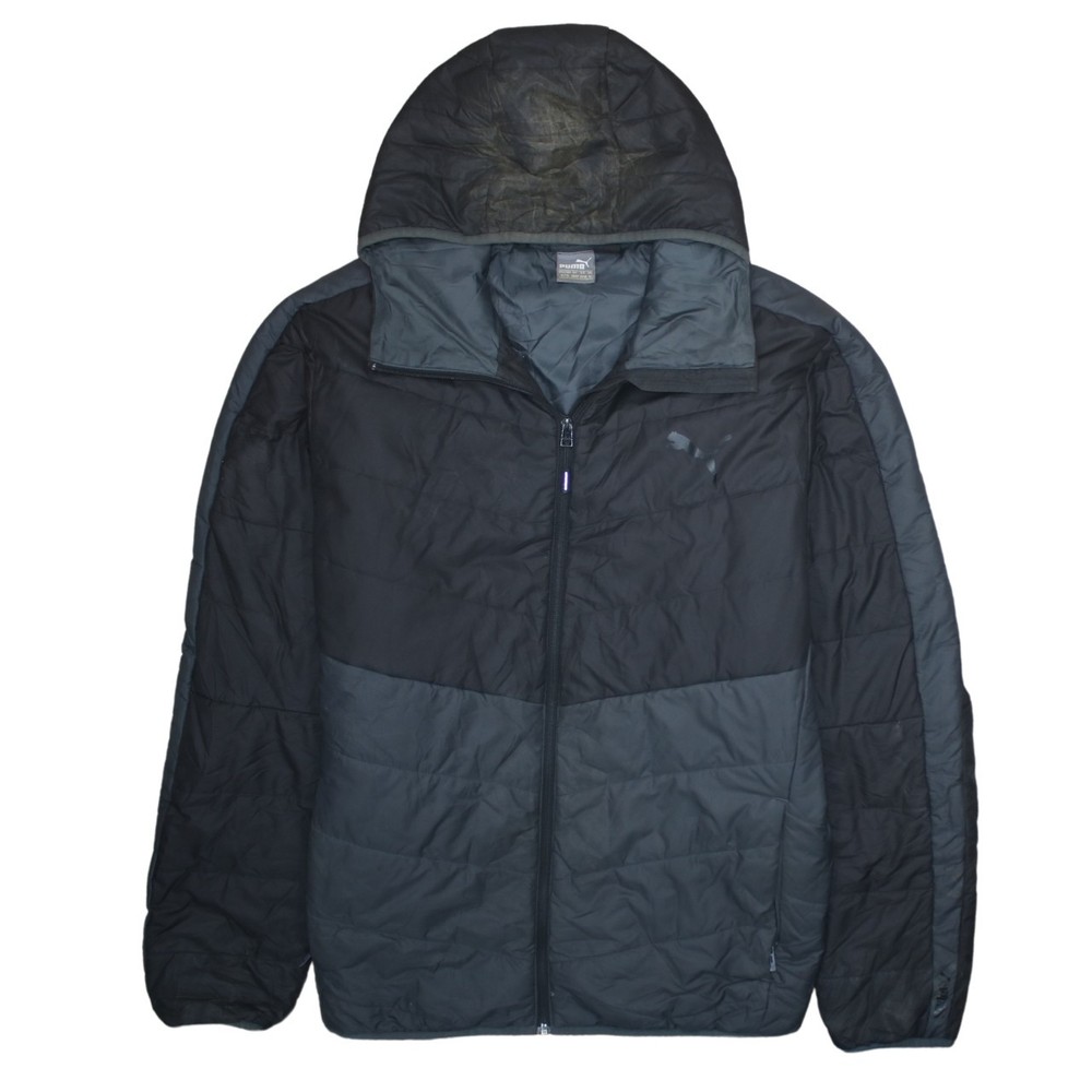 Puma Mens Puffer Jacket Black Hooded Quilted Full Zip Embroidered Chest Logo XL