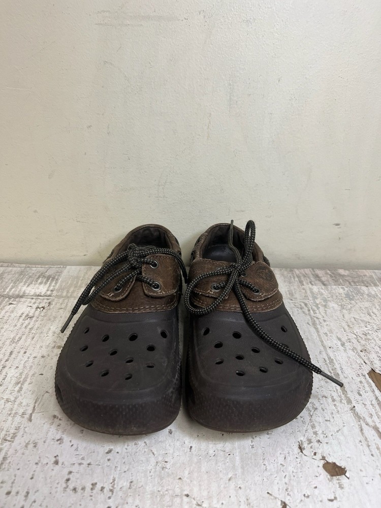 Crocs Islander Pitcrew Boat Shoes Clogs Brown Tan Leather Black Men's 7 Womens 9