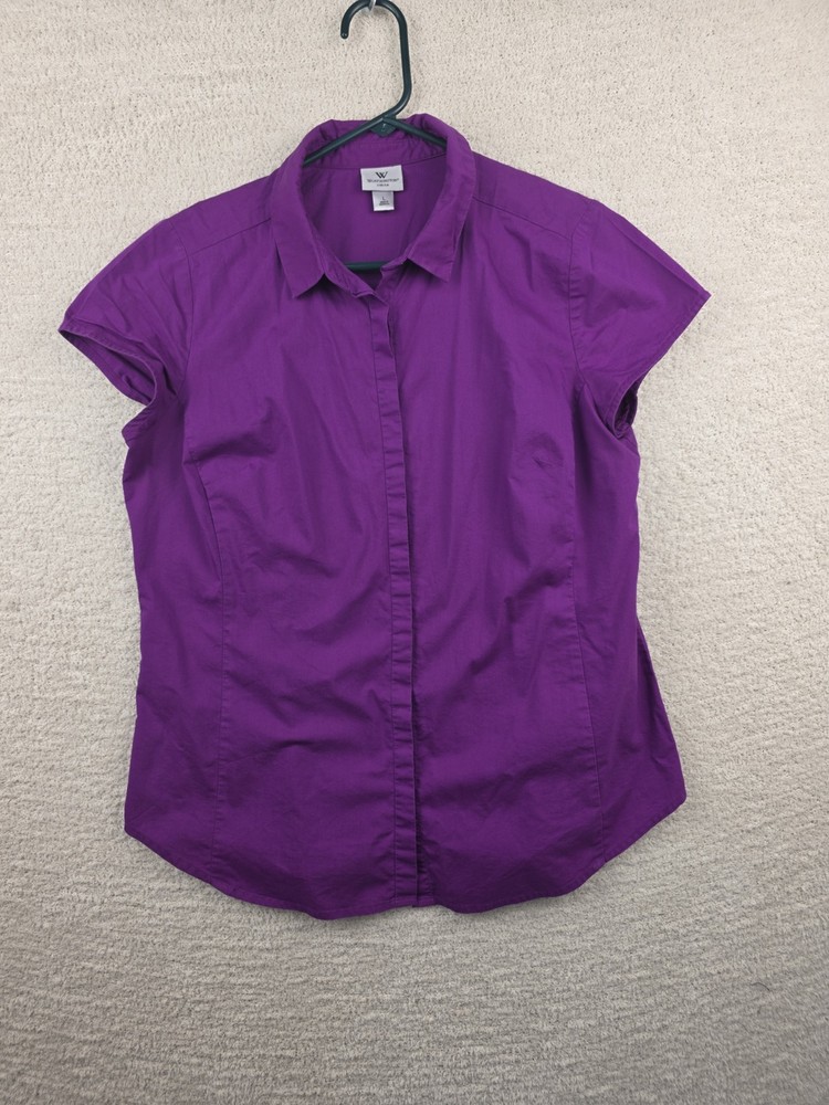 Worthington Women's Purplw Short Sleeve Stretch Button Down Shirt Size Large