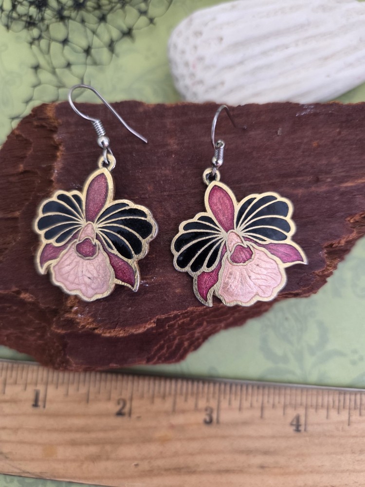 Vintage Cloisonne Earrings Pink & Black Floral Wired Pierced Dangles Gold Tone