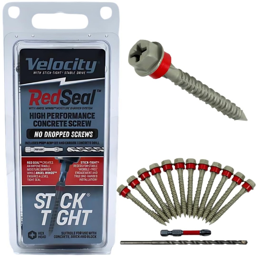 Velocity Concrete Screw Kit with RedSeal Moisture Barrier - 12 High-Performance Screws