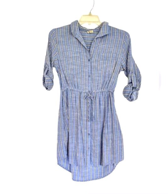 Japna Shirt Dress Medium Cotton Blue White Stripes Button Front Elastic Waist