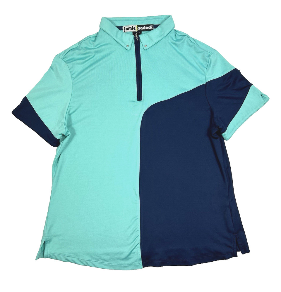 Jamie Sadock Golf Top Sz Medium Short Sleeve Band Collar 1/4 Zip Mint Green Navy