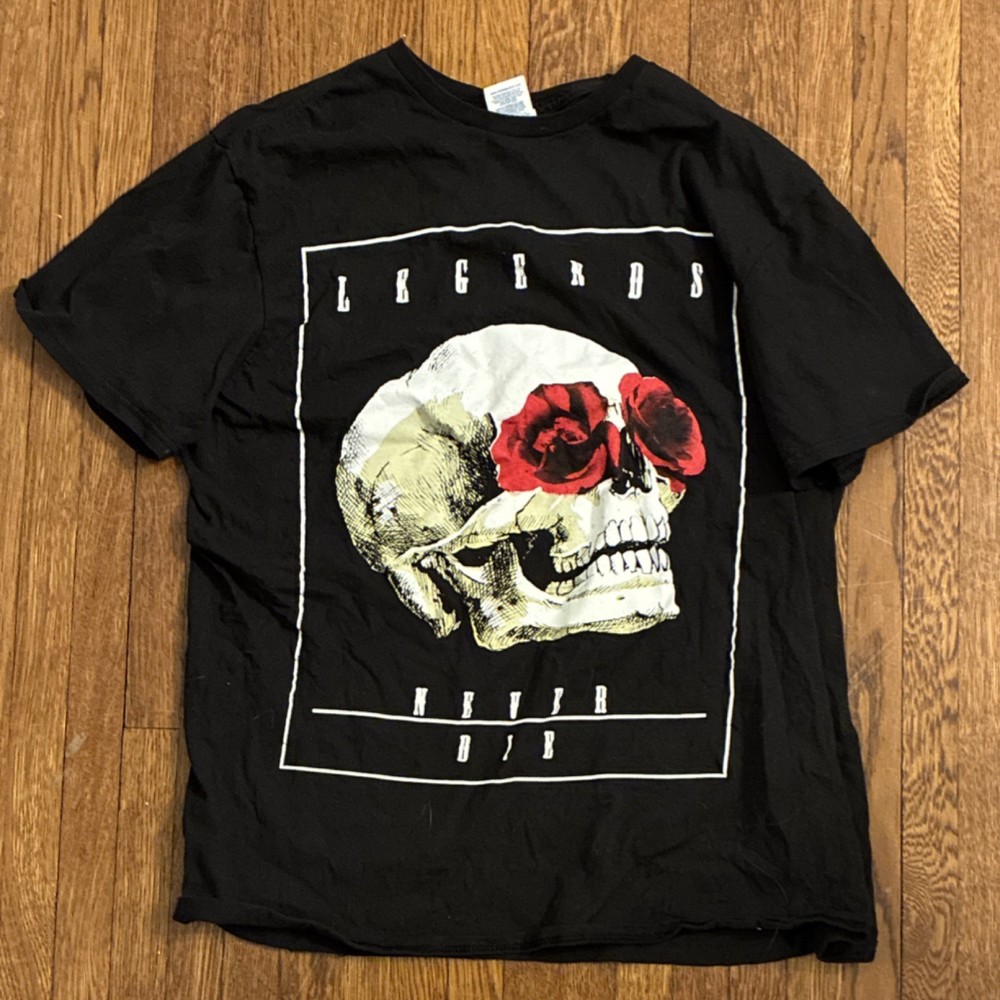 Black Cotton Graphic Skull & Roses Men's T-Shirt Crew Neck Short Sleeve Size L