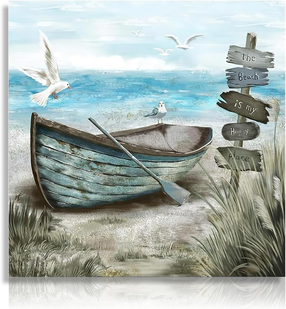 Bathroom Wall Art Coastal D�Cor Boat on Beach Picture Ocean Seagull Seascape