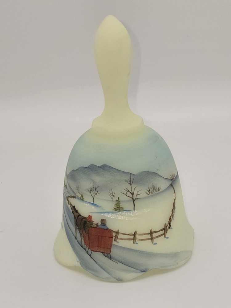 Fenton Glass Bell Custard Uranium Satin GOING HOME 1980 Painted By M. Dickinson