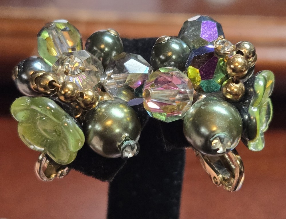 VTG Clip-On Cluster Earrings Glass Beads Aurora Borealis Crystals & Faux Pearls
