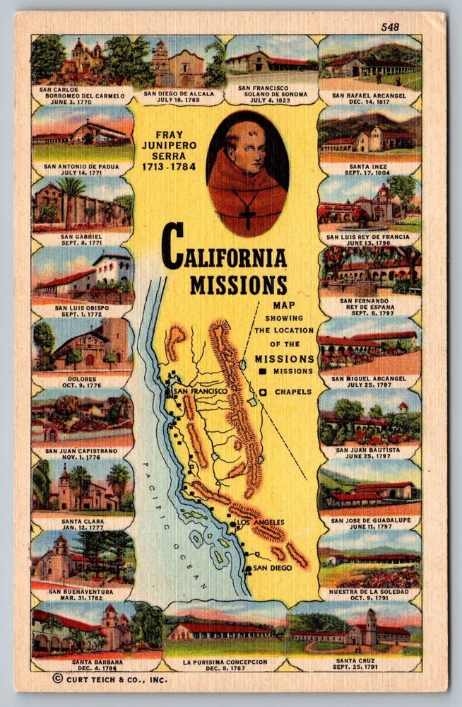 Vintage California Missions Map Postcard Fray Junipero Serra Multi-View Linen