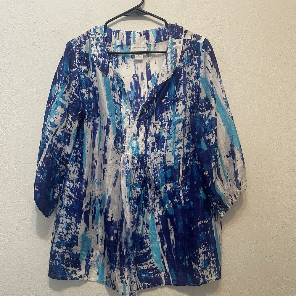Soft Surroundings Blue Abstract Silk Beaded Sheer Tunic Top Size M-image