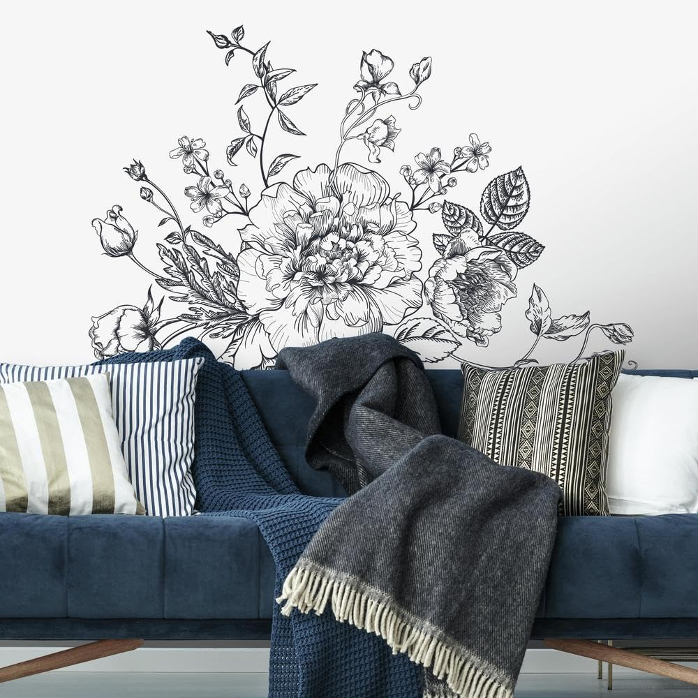 RMK3865GM Black and White Peony Peel and Stick Giant Wall Decals