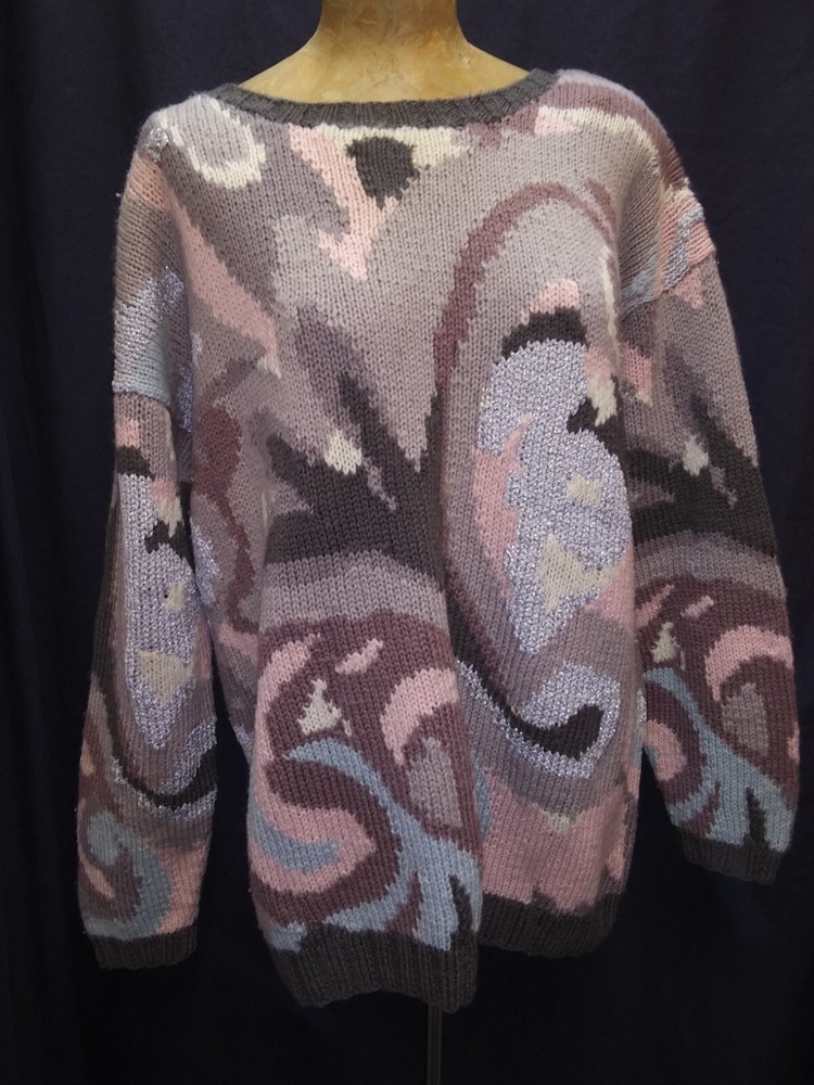 1980's Brown Pink White Silver Acrylic Wool Metallic Sweater by Carole Little L