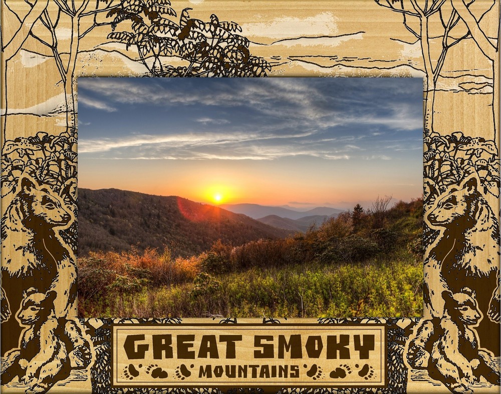 Great Smoky Mountains with Black Bears Laser Engraved Wood Picture Frame (4x6)