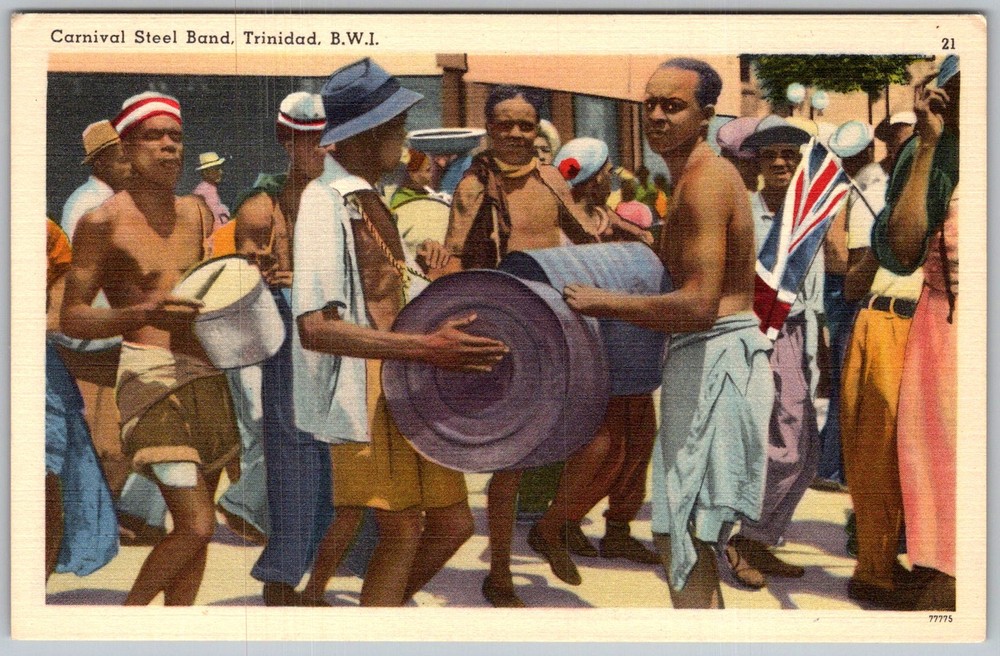 Vtg Linen Postcard Carnival Steel Port Of Es, Trinidad (b.W.I.) 1950s