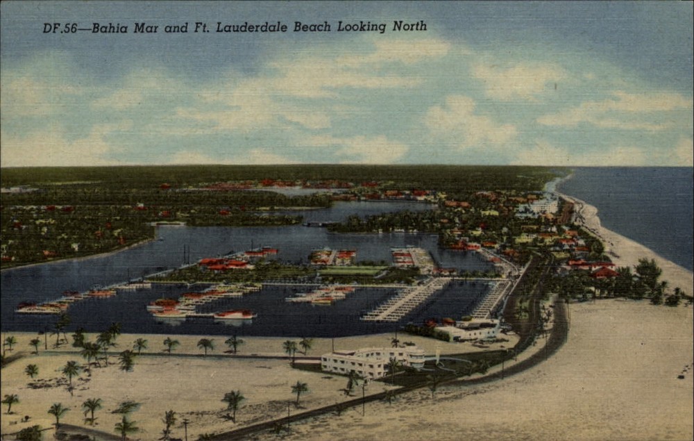 Fort Lauderdale Florida ~ Bahia Mar basin beach looking north ~ 1940s linen