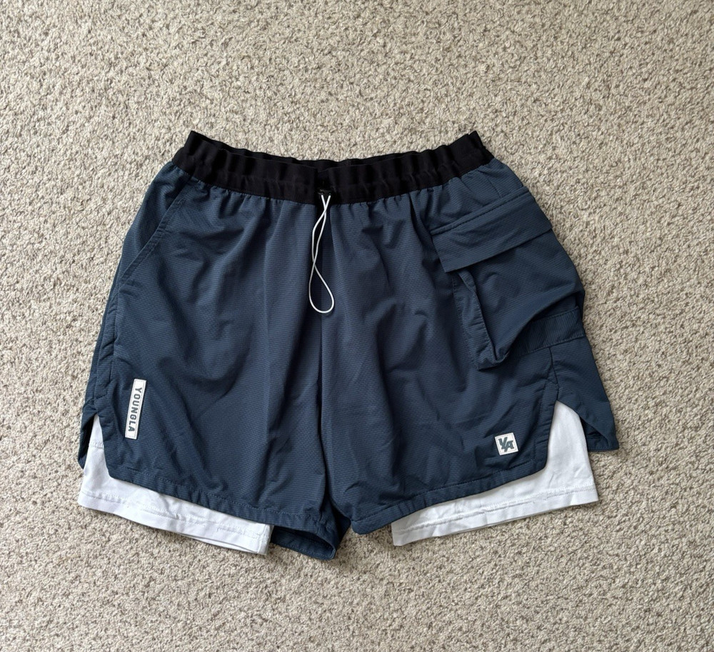 YoungLA Shorts Mens Size Large Slate Gray Navy 2-in-1 Cargo Training Gym Shorts