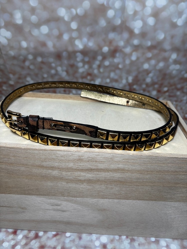 Michael Kors Gold Leopard Embossed Leather Skinny Belt Size L