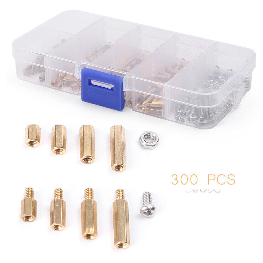 300PCS/Box M2 Brass Hex Column Standoff Spacer Screw Nut Assortment Tool Kit