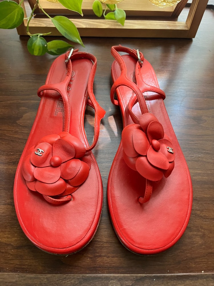 Chanel red camellia size 37.5 thong sandals
