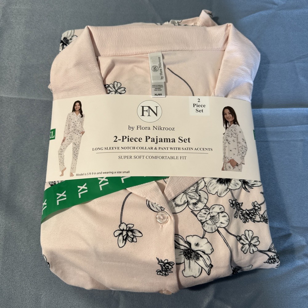 Flora Nikrooz Women's Satin Trim Notch Collar PJ Set, 2 Pieces, Pink, XL, E18